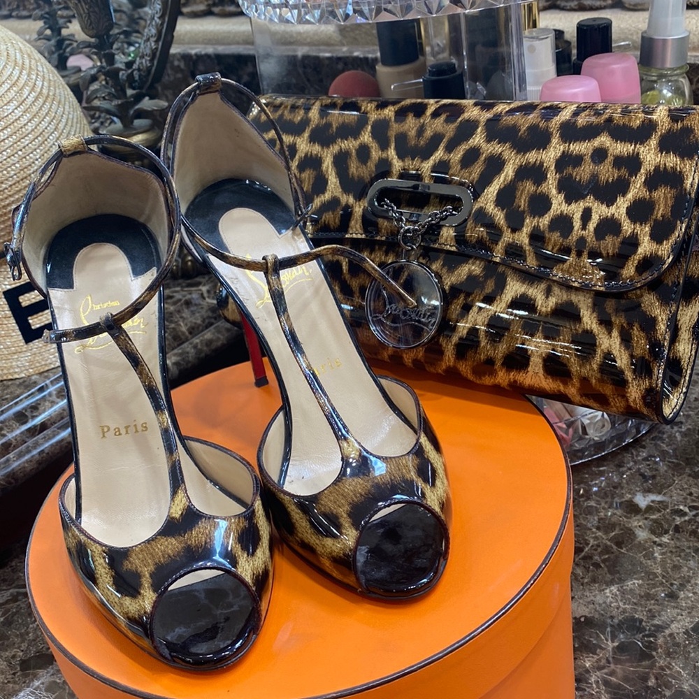 Christian Louboutin leopard patent shoes / heels & clutch